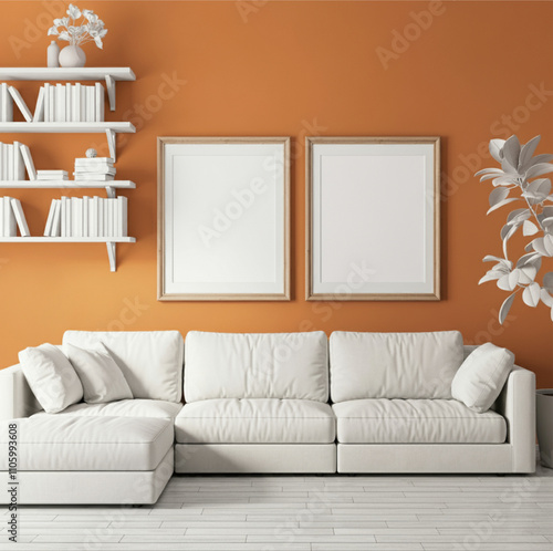 White L-Shaped Sofa with Bookshelf and Twin Frames on Warm Orange Wall