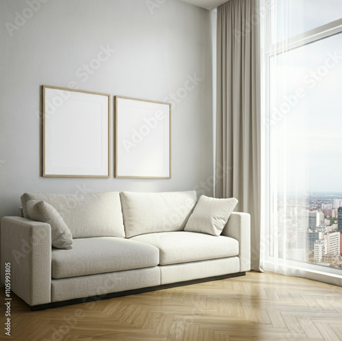 Elegant Living Room with Tall Windows and Twin Frames Above White Sofa