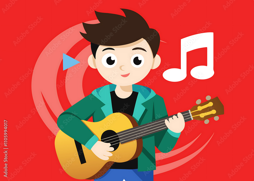Naklejka premium Happy boy playing acoustic guitar, musical notes, red background.