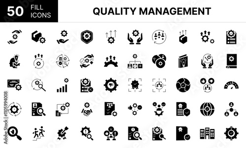 Collection of 50 Quality management fill icons featuring editable strokes. These outline icons depict various modes of Quality management, Accreditation, achieve, approach, assessment, assurance, cert