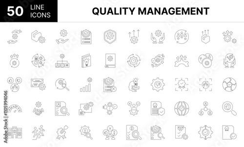 Collection of 50 Quality management line icons featuring editable strokes. These outline icons depict various modes of Quality management, Accreditation, achieve, approach, assessment, assurance, cert