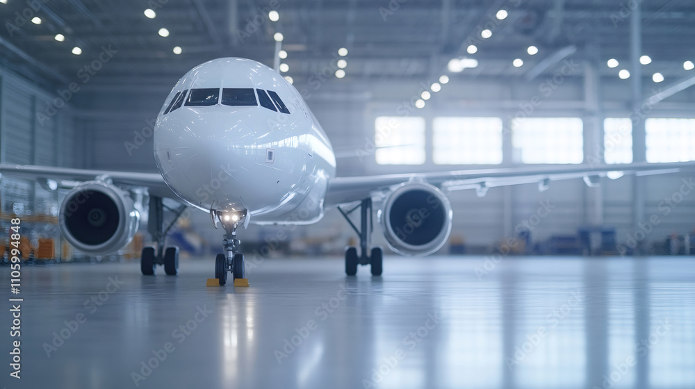 White passenger airplane in a well-lit hangar, getting ready for its next flight with maintenance White passenger airplane in a well-lit hangar, getting ready for its next flight with maintenance
