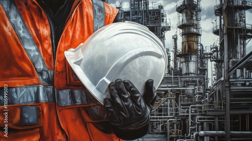 An engineer wearing an orange safety vest and holding a white helmet, close-up of the hand with a hard hat in front of a gas plant background. Working on-site concept. 