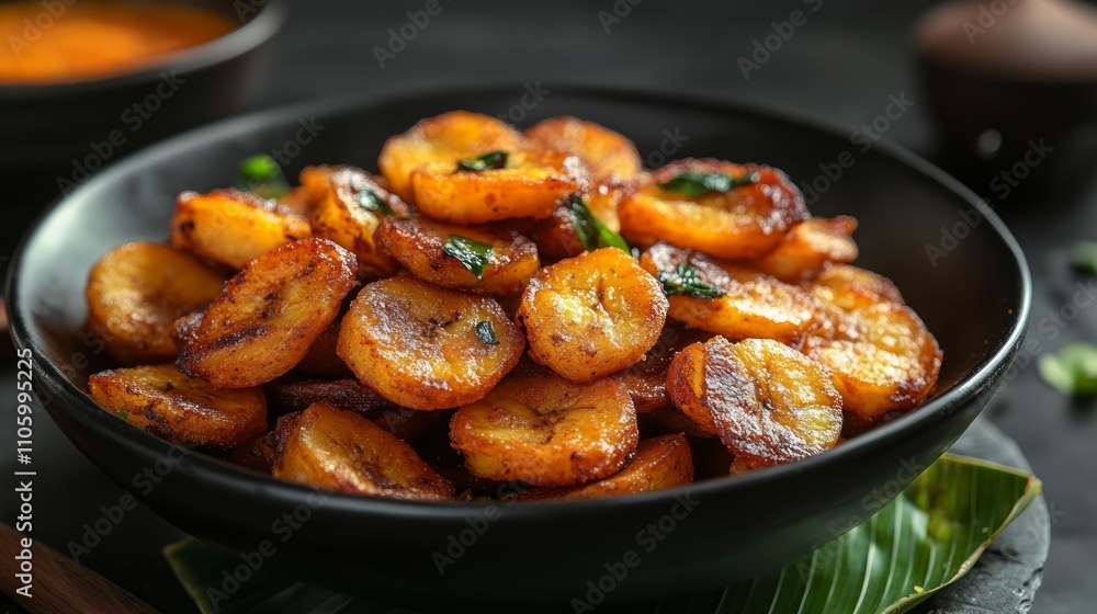 Close-up of a bowl of golden-brown fried banana slices, garnished with fresh herbs, served on a dark surface. Close-up of a bowl of golden-brown fried banana slices, garnished with fresh herbs, served on a dark surface.