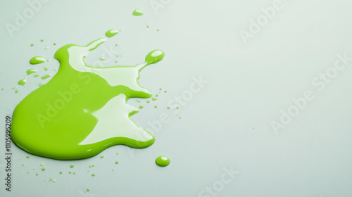 Abstract pattern of vibrant green liquid spills and splatters on a sleek, pale green surface photo