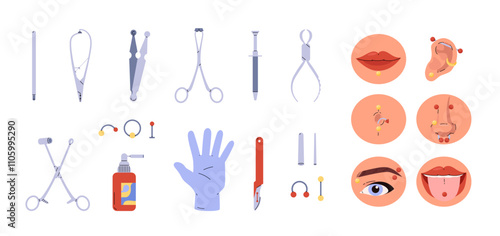 Vector: sterilized needles, clips and decorations for lips, eyebrows and tongue on a white background