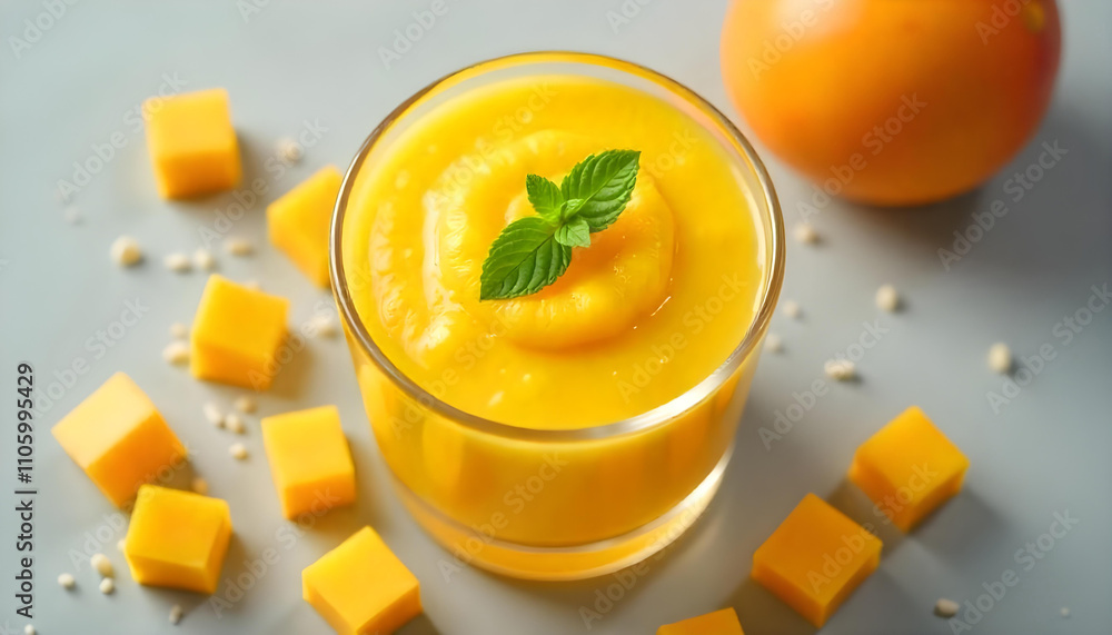Refreshing dessert made from mango puree served in a clear glass bowl, top view, vibrant yellow color, with a sprig of mint on top, surrounded by small mango cubes, without any blur. Refreshing dessert made from mango puree served in a clear glass bowl, top view, vibrant yellow color, with a sprig of mint on top, surrounded by small mango cubes, without any blur.