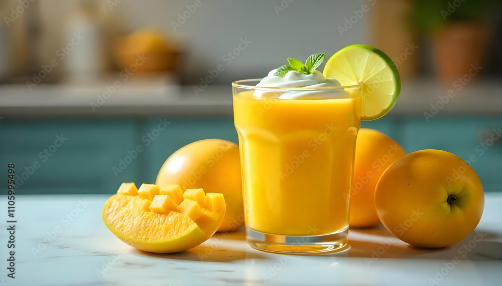 Refreshing dessert made from rich mango puree, set in a dessert glass, topped with a dollop of yogurt and a slice of lime, surrounded by a few whole mangoes Refreshing dessert made from rich mango puree, set in a dessert glass, topped with a dollop of yogurt and a slice of lime, surrounded by a few whole mangoes