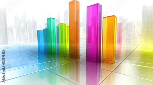 A colorful 3D bar graph with transparent bars rising from a digital grid, representing stock market data trends, set in a high-tech financial environment.