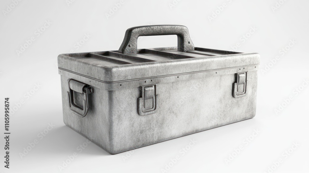 A weathered metal toolbox with a carrying handle A weathered metal toolbox with a carrying handle