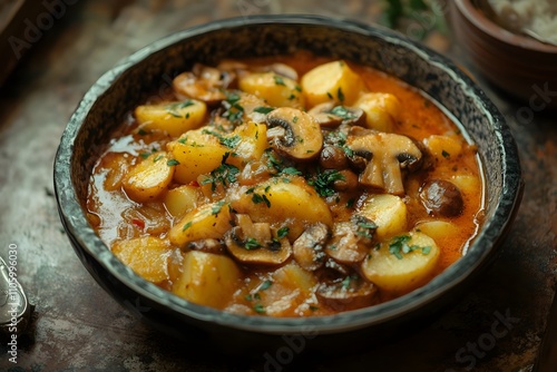 A bowl of appetizing and delicious Korean food made with potatoes, mushrooms, chicken and spicy red broth is on the table.