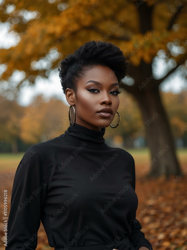Elegant Black woman in autumn with perfect makeup. Elegant Black woman in autumn with perfect makeup.