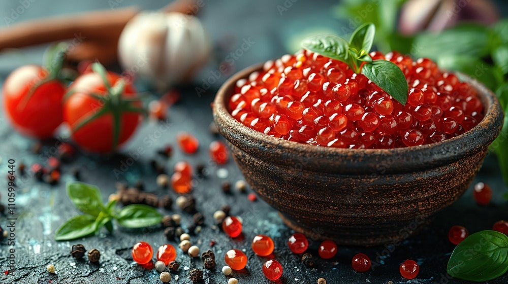 Vibrant red caviar adorns the table, close up copy space Vibrant red caviar adorns the table, close up copy space