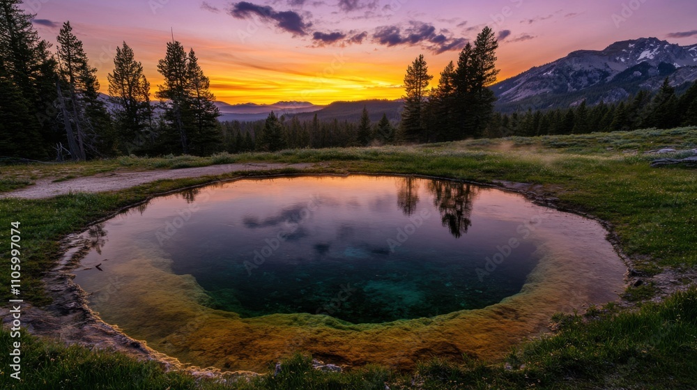 Fototapeta premium Serene Sunset Reflection in Mountain Pool, Vibrant Colors