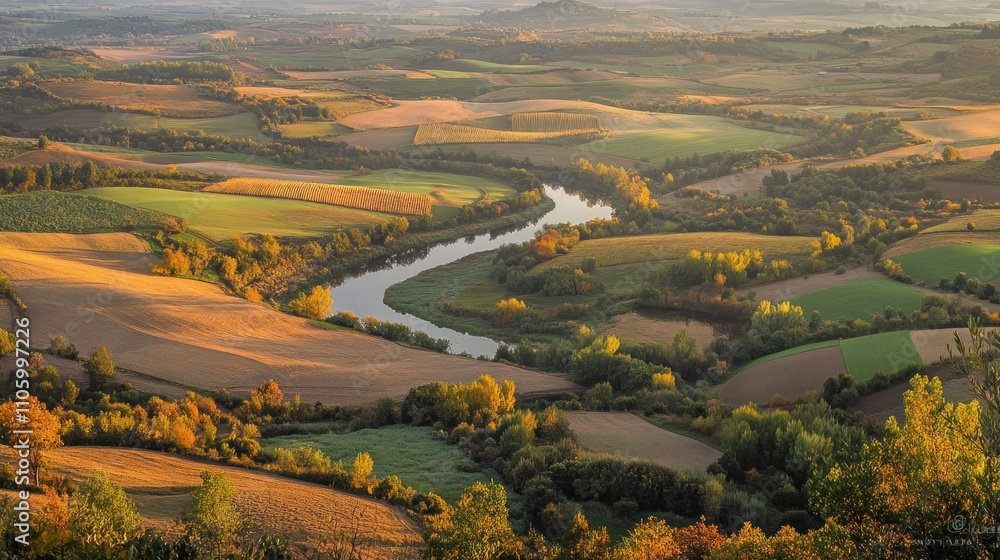 Autumnal River Valley Landscape With Rolling Hills And Fields
