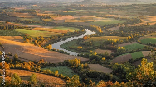 Obraz na płótnie Autumnal River Valley Landscape With Rolling Hills And Fields w salonie