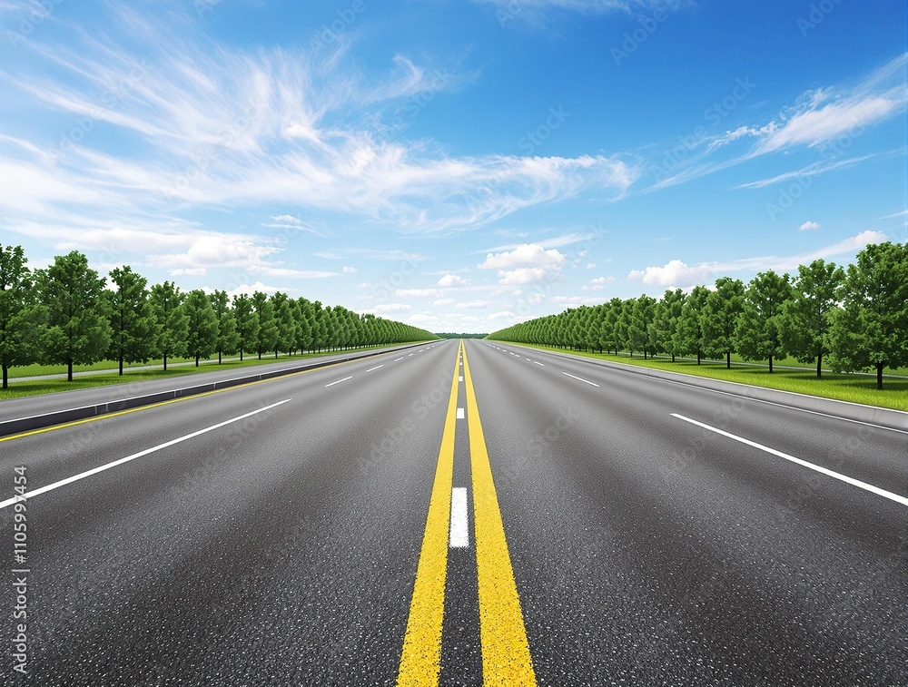 Fototapeta premium Asphalt road top view with two yellow lines and distant trees, trees, outdoors, nature, distance