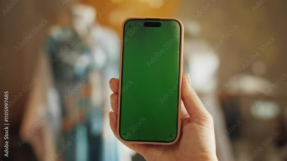 Girl designer holds the phone looks into the green screen of the smartphone. Clothing store, Closeup Pretty woman chooses clothes to buy in the clothing warehouse. Girl designer holds the phone looks into the green screen of the smartphone. Clothing store, Closeup Pretty woman chooses clothes to buy in the clothing warehouse.