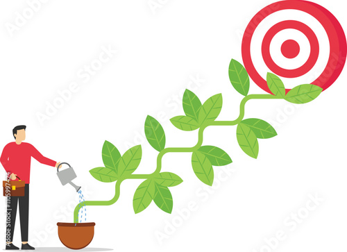  Businessman watering seedling growing darts in flower pot plant growing up as stair. Growth step or career path. Focus on global business goals.

