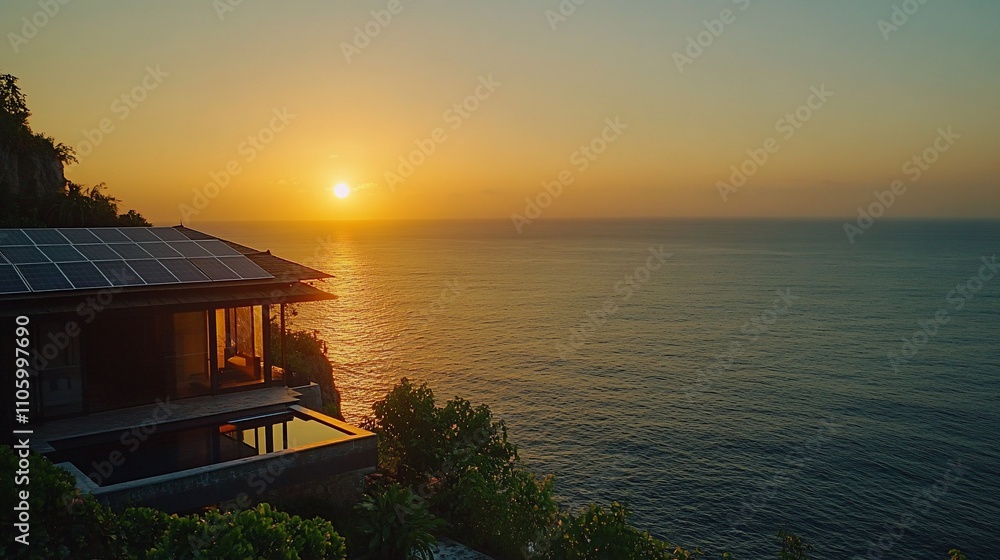 Cliffside villa with solar panels at sunset, ocean view. Cliffside villa with solar panels at sunset, ocean view.