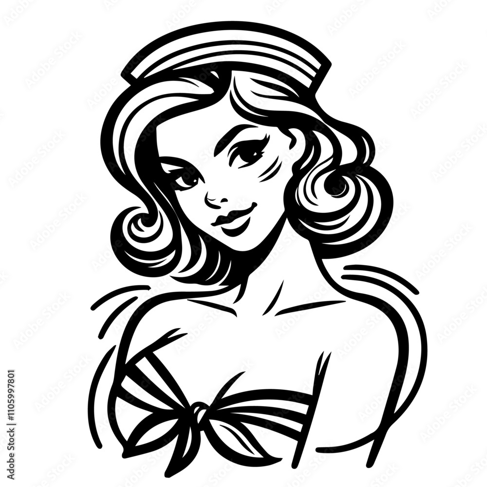 hand-drawn sailor woman in classic pin-up pose, monochrome art hand-drawn sailor woman in classic pin-up pose, monochrome art