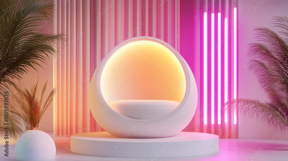 Fototapeta premium A pod-like white podium with retro neon shapes in the background, creating a soft vintage look