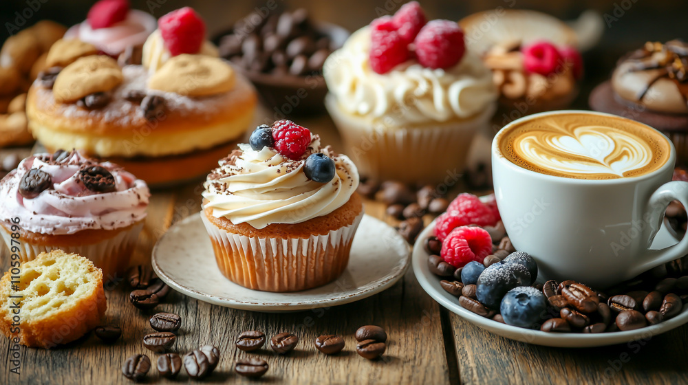 table full of cakes and coffee, coffee beans, sweets and cappuccino, breakfast, french breakfast, hot drinks sweets, cupcakes table full of cakes and coffee, coffee beans, sweets and cappuccino, breakfast, french breakfast, hot drinks sweets, cupcakes