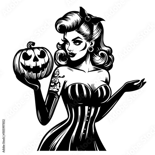 vintage halloween beauty with spooky jack-o-lantern art – black vector