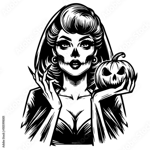 vintage halloween beauty with spooky jack-o-lantern art – black vector