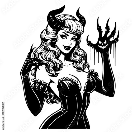 seductive demon woman with horns and claw hand in black vector illustration