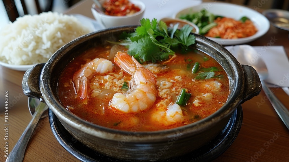 A cozy dining setup with a bowl of hot shrimp soup, alongside traditional Thai condiments like chili paste and fish sauce, creating an inviting atmosphere for enjoying authentic flavors. A cozy dining setup with a bowl of hot shrimp soup, alongside traditional Thai condiments like chili paste and fish sauce, creating an inviting atmosphere for enjoying authentic flavors.
