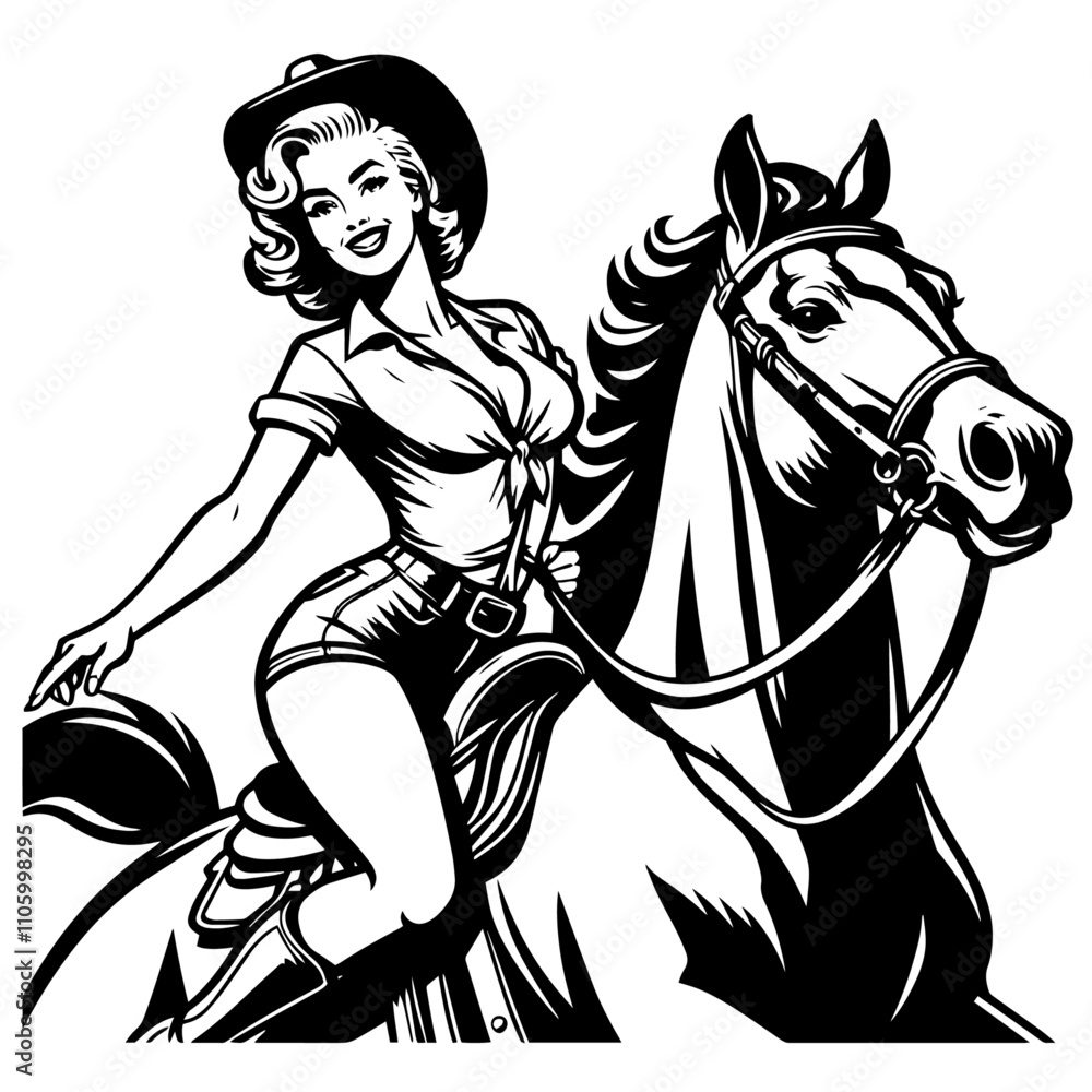 retro pinup cowgirl riding a horse illustration