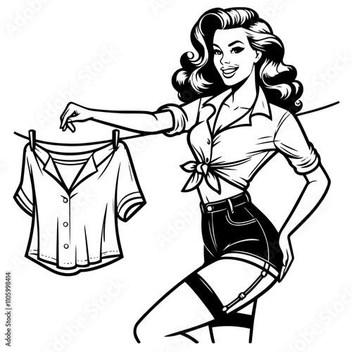 classic pin-up housewife doing chores illustration black and white pinup vector