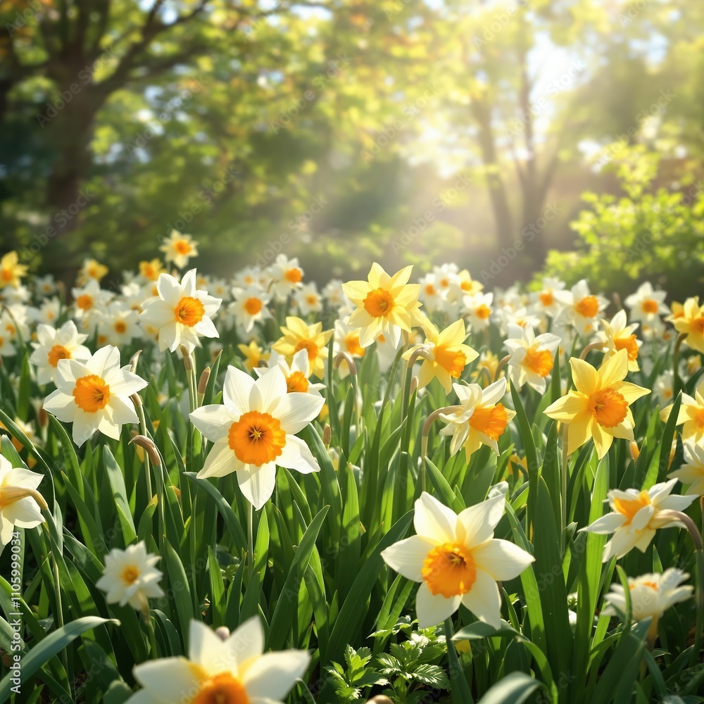 Beautiful blooming white and orange daffodils in a spring garden, yellow, growth, plant, color Beautiful blooming white and orange daffodils in a spring garden, yellow, growth, plant, color