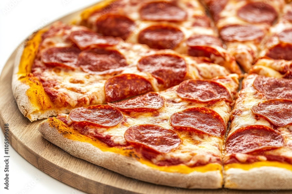 Sliced pepperoni pizza with melted mozzarella cheese showing delicious crust and toppings Sliced pepperoni pizza with melted mozzarella cheese showing delicious crust and toppings