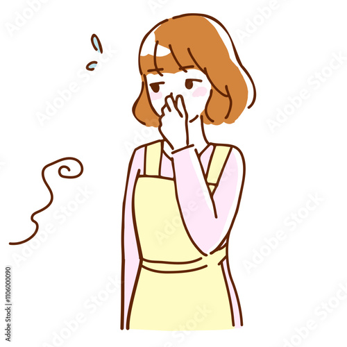 Line drawing illustration of a young woman holding her nose because of a smell