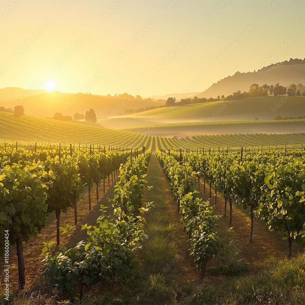 Fototapeta premium Beautiful sunrise over vineyard with wine barrels, morning, wine barrels, winemaking