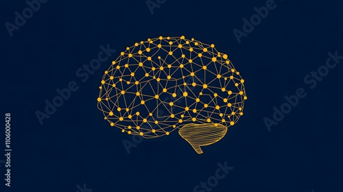 Brain illustration with yellow lines and neural network design on a blue background. Artistic brain mapping. Yellow neural connections on a blue canvas.