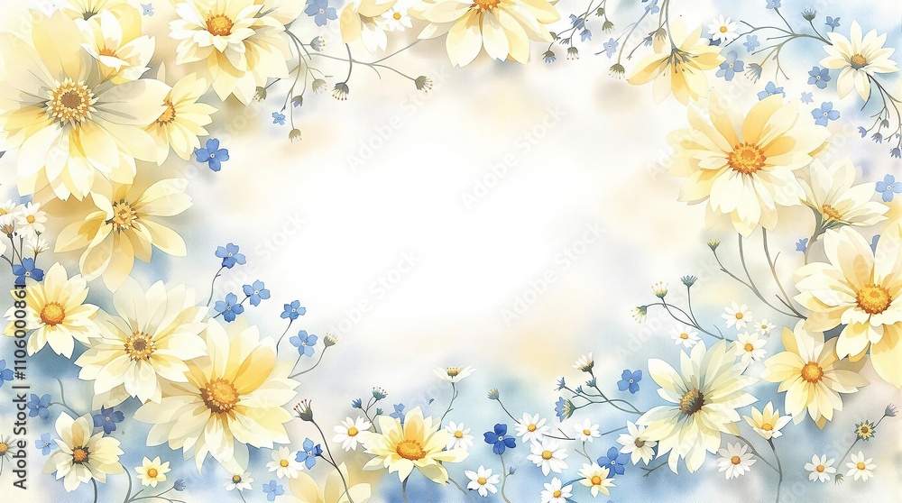 Naklejka premium Beautiful watercolor pattern featuring delicate yellow and blue flowers, trendy, blossoms, elegant, buds