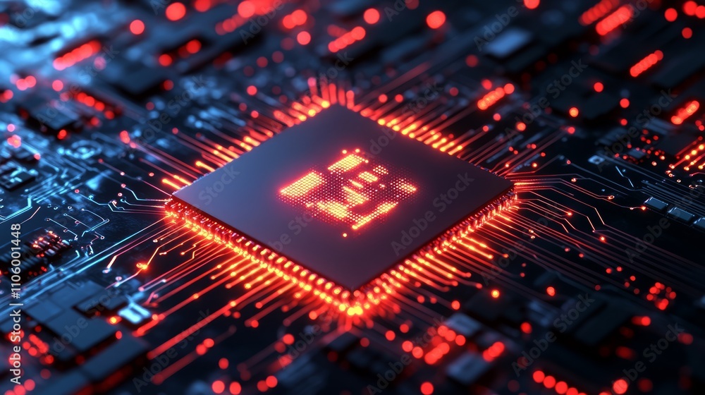 Close-up of a glowing central processing unit (CPU) on a circuit board. Close-up of a glowing central processing unit (CPU) on a circuit board.