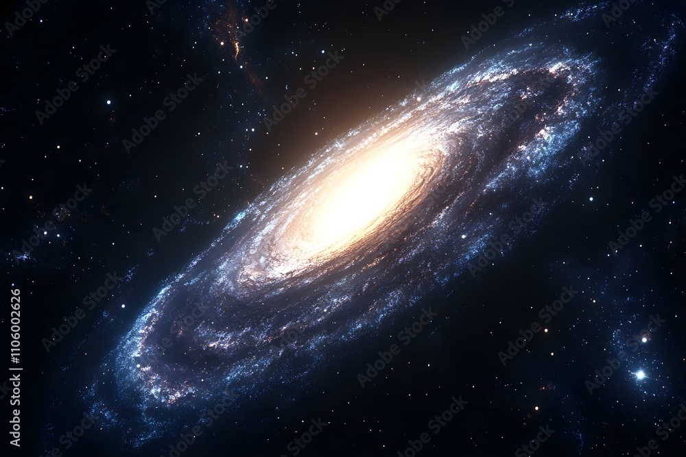 Fototapeta premium This is a cosmic photo of a galaxy with beautifully swirling, brightly shining stars gathered in a vast, dark universe.