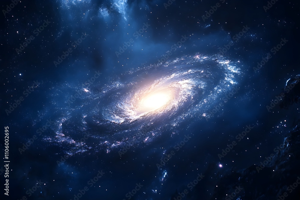 Fototapeta premium This is a cosmic photo of a galaxy with beautifully swirling, brightly shining stars gathered in a vast, dark universe.