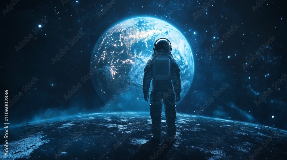 Cosmonaut in Spacesuit Standing on Ground, Looking at Earth from Space Cosmonaut in Spacesuit Standing on Ground, Looking at Earth from Space