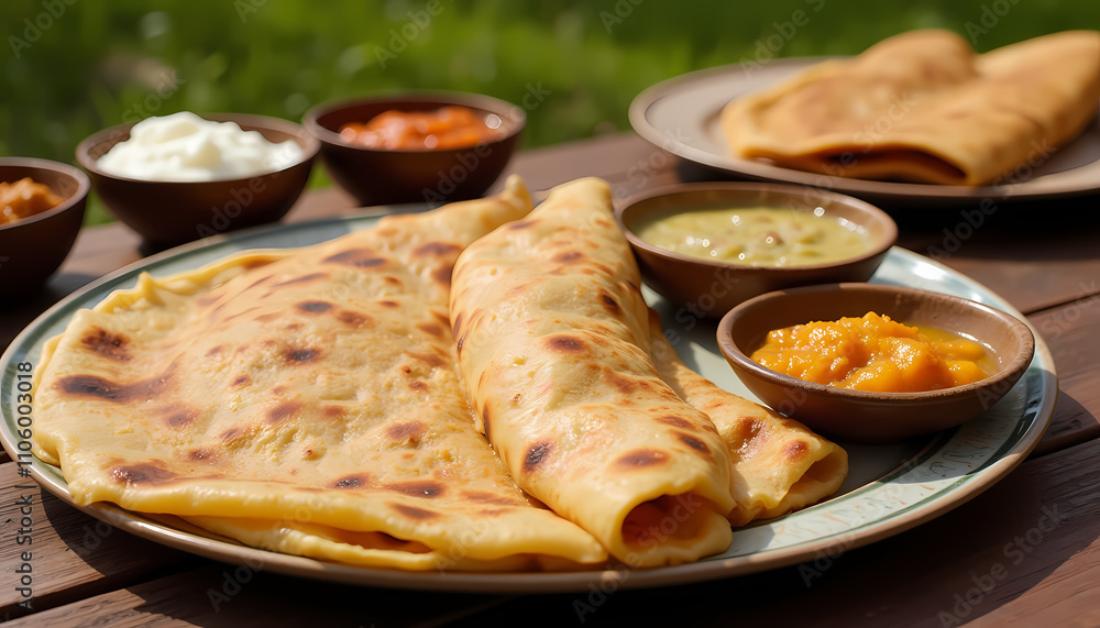 Delicious homemade crepes, vibrant dips, outdoor setting, flavorful cuisine, food photography Delicious homemade crepes, vibrant dips, outdoor setting, flavorful cuisine, food photography