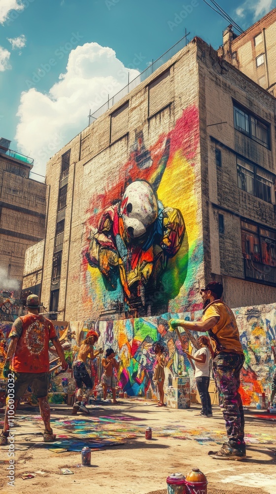 Fototapeta premium A vibrant street art scene with a large panda mural and people painting colorful designs.