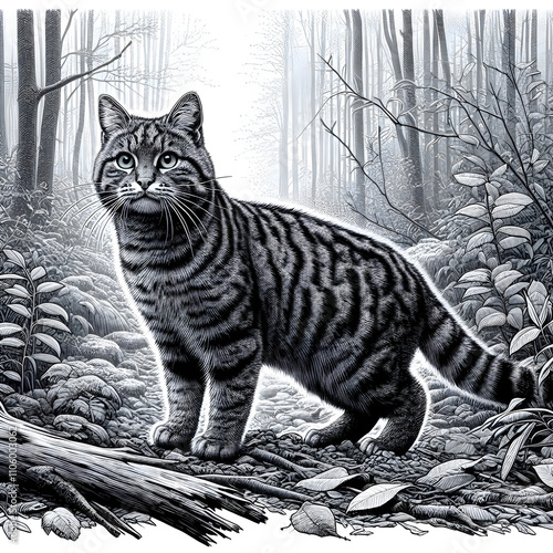  an illustration of a black-footed cat standing on the forest floor, surrounded by detailed vegetation. Ai photo