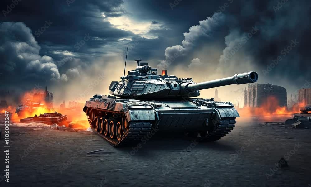 Exploring the power of a tank amidst a dramatic battle landscape at dusk Exploring the power of a tank amidst a dramatic battle landscape at dusk