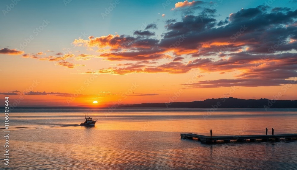 boat in the water at sunset with a dock boat in the water at sunset with a dock