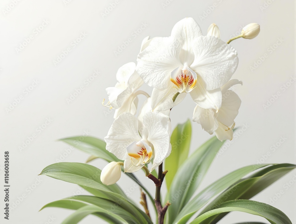 Fototapeta premium Blooming white vanilla orchid with delicate stamen and fresh leaves, aroma oil, plantation
