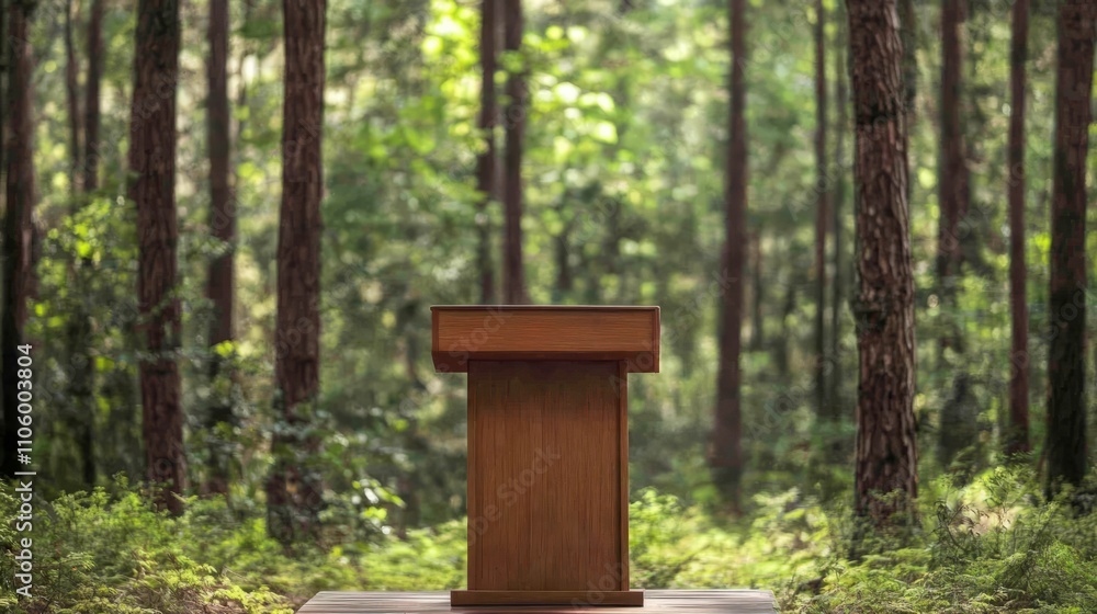 A podium in an outdoor setting, surrounded by tall trees and nature, prepared for a speech A podium in an outdoor setting, surrounded by tall trees and nature, prepared for a speech